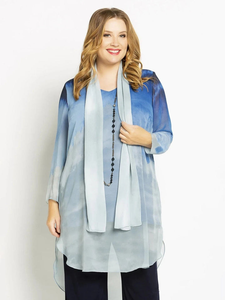 Blue Ombre V Neck Top with Scarf